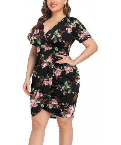 Womens Plus Size Short Sleeve Deep V Neck Bodycon Wrap Dress with Front Slit Rose Black $15.89 Dresses