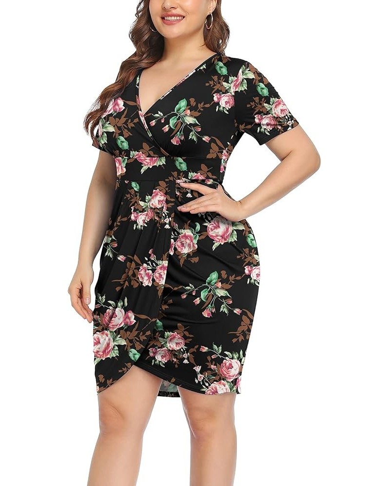 Womens Plus Size Short Sleeve Deep V Neck Bodycon Wrap Dress with Front Slit Rose Black $15.89 Dresses