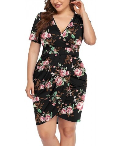 Womens Plus Size Short Sleeve Deep V Neck Bodycon Wrap Dress with Front Slit Rose Black $15.89 Dresses