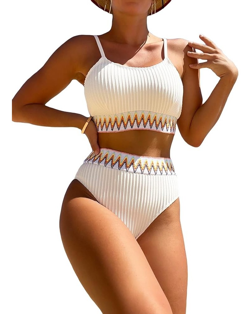 Bikini Sets for Women Chevron Tape High Waisted Bikini Bathing Suits 2 Piece Swimsuit White $11.04 Swimsuits