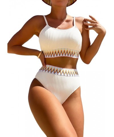 Bikini Sets for Women Chevron Tape High Waisted Bikini Bathing Suits 2 Piece Swimsuit White $11.04 Swimsuits