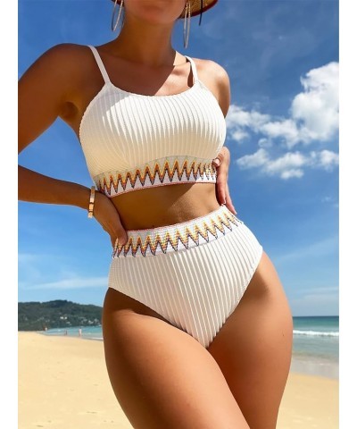 Bikini Sets for Women Chevron Tape High Waisted Bikini Bathing Suits 2 Piece Swimsuit White $11.04 Swimsuits