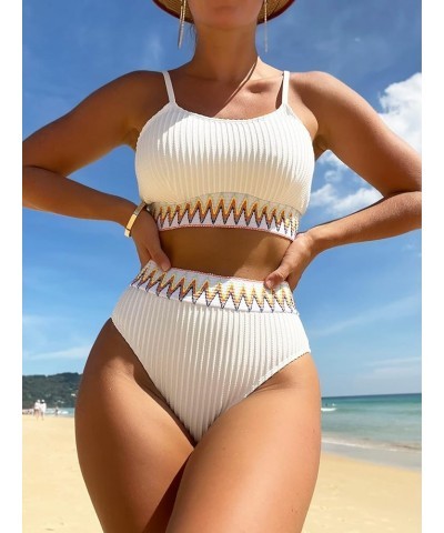 Bikini Sets for Women Chevron Tape High Waisted Bikini Bathing Suits 2 Piece Swimsuit White $11.04 Swimsuits