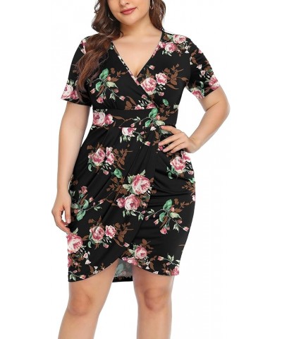 Womens Plus Size Short Sleeve Deep V Neck Bodycon Wrap Dress with Front Slit Rose Black $15.89 Dresses