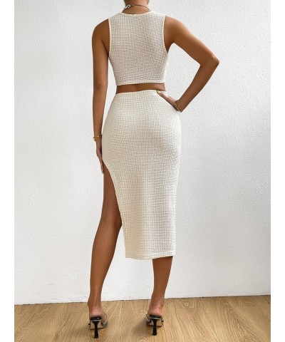 Women's 2 Piece Sexy Outfits Sleeveless Crop Tank Top and Split Bodycon Midi Skirt Set Solid Beige $12.47 Jumpsuits