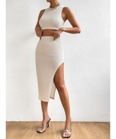 Women's 2 Piece Sexy Outfits Sleeveless Crop Tank Top and Split Bodycon Midi Skirt Set Solid Beige $12.47 Jumpsuits