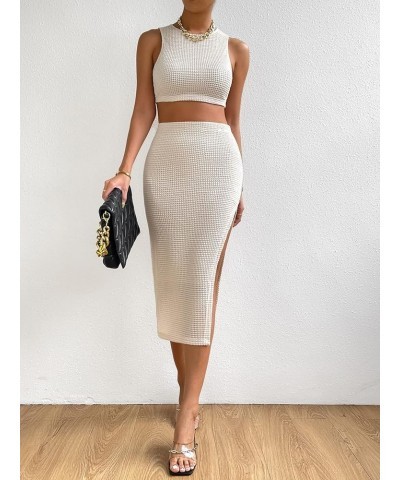 Women's 2 Piece Sexy Outfits Sleeveless Crop Tank Top and Split Bodycon Midi Skirt Set Solid Beige $12.47 Jumpsuits