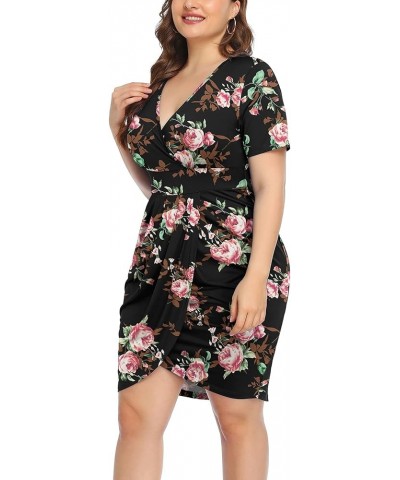 Womens Plus Size Short Sleeve Deep V Neck Bodycon Wrap Dress with Front Slit Rose Black $15.89 Dresses