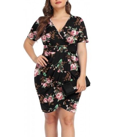 Womens Plus Size Short Sleeve Deep V Neck Bodycon Wrap Dress with Front Slit Rose Black $15.89 Dresses