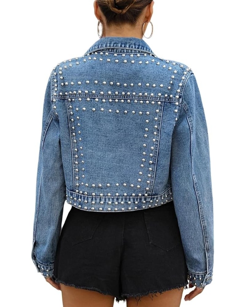 Women's Fashion Cropped Denim Jacket Lapel Short Sleeve Distressed Western Studded Jean Jacket Coat Blue $21.31 Jackets