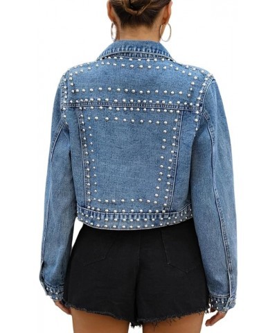 Women's Fashion Cropped Denim Jacket Lapel Short Sleeve Distressed Western Studded Jean Jacket Coat Blue $21.31 Jackets