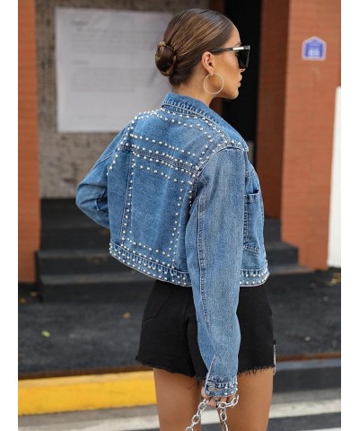 Women's Fashion Cropped Denim Jacket Lapel Short Sleeve Distressed Western Studded Jean Jacket Coat Blue $21.31 Jackets