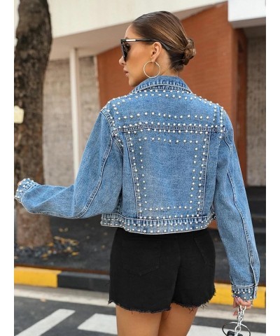 Women's Fashion Cropped Denim Jacket Lapel Short Sleeve Distressed Western Studded Jean Jacket Coat Blue $21.31 Jackets