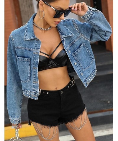 Women's Fashion Cropped Denim Jacket Lapel Short Sleeve Distressed Western Studded Jean Jacket Coat Blue $21.31 Jackets