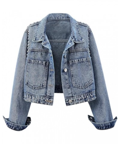 Women's Fashion Cropped Denim Jacket Lapel Short Sleeve Distressed Western Studded Jean Jacket Coat Blue $21.31 Jackets