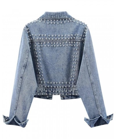 Women's Fashion Cropped Denim Jacket Lapel Short Sleeve Distressed Western Studded Jean Jacket Coat Blue $21.31 Jackets