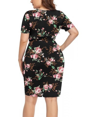 Womens Plus Size Short Sleeve Deep V Neck Bodycon Wrap Dress with Front Slit Rose Black $15.89 Dresses