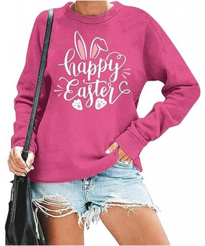 Happy Easter Bunny Graphic Sweatshirt Women Long Sleeve Tee Shirt Crew Neck Casual Pullover Tops Blouses F-hot Pink $11.12 Ho...