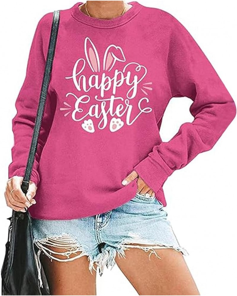 Happy Easter Bunny Graphic Sweatshirt Women Long Sleeve Tee Shirt Crew Neck Casual Pullover Tops Blouses F-hot Pink $11.12 Ho...