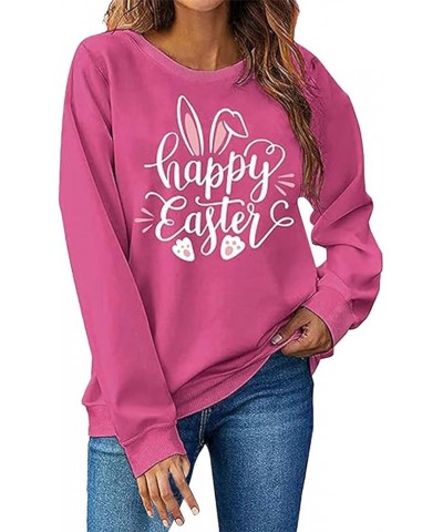 Happy Easter Bunny Graphic Sweatshirt Women Long Sleeve Tee Shirt Crew Neck Casual Pullover Tops Blouses F-hot Pink $11.12 Ho...