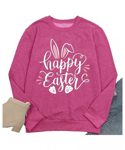 Happy Easter Bunny Graphic Sweatshirt Women Long Sleeve Tee Shirt Crew Neck Casual Pullover Tops Blouses F-hot Pink $11.12 Ho...