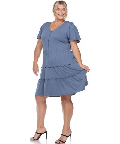 Women's Plus Size Short Sleeve V-Neck Tiered Dress Blue $17.85 Dresses