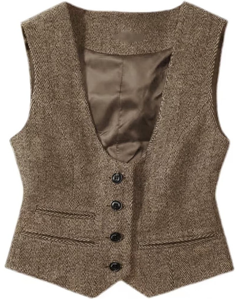 Womens Vintage Waistcoat Herringbone Tweed Button Down Casual Dressy Suit Vest Khaki $13.18 Vests