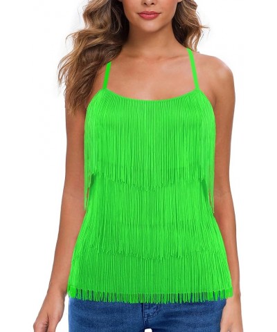 Women’s Fringe Top Tassel Trim Cami Spaghetti Strap Tank Tops Green $10.29 Tanks