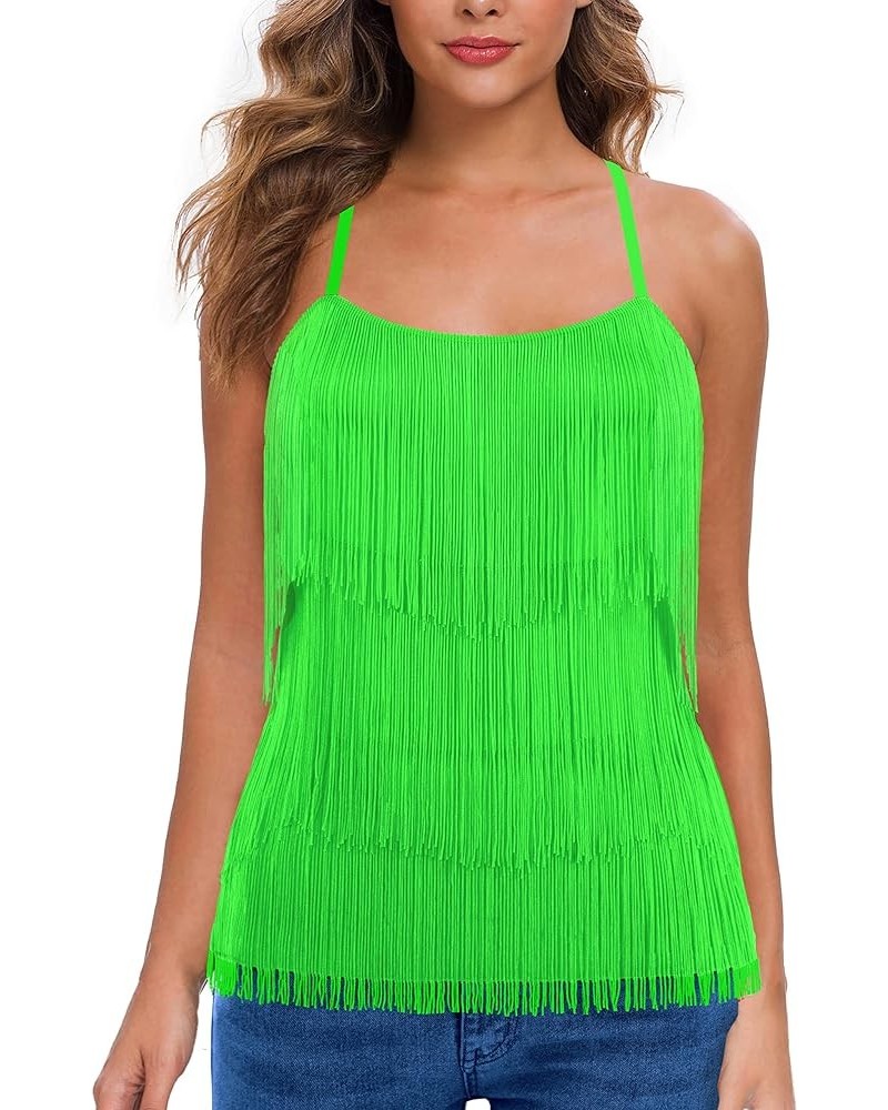 Women’s Fringe Top Tassel Trim Cami Spaghetti Strap Tank Tops Green $10.29 Tanks