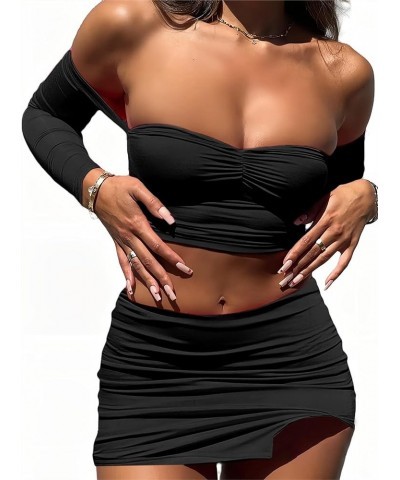 Women's Sexy 2 Piece Outfits Off Shoulder Corset Crop Top and Skirt Set Bodycon Mini Dresses Black $11.79 Suits