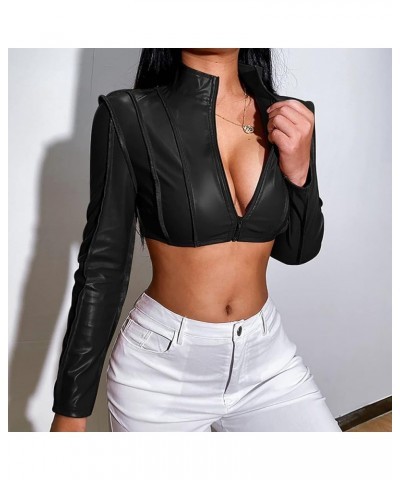 Women Faux Leather Cropped Jacket Sexy V Neck Long Sleeve Zipper Midriff PU Crop Tops Clubwear Coats (L, Black) Black $11.01 ...