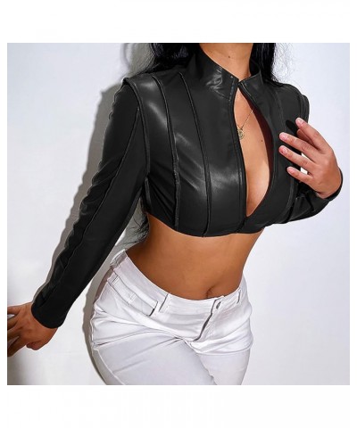 Women Faux Leather Cropped Jacket Sexy V Neck Long Sleeve Zipper Midriff PU Crop Tops Clubwear Coats (L, Black) Black $11.01 ...