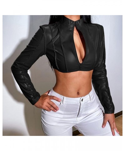 Women Faux Leather Cropped Jacket Sexy V Neck Long Sleeve Zipper Midriff PU Crop Tops Clubwear Coats (L, Black) Black $11.01 ...