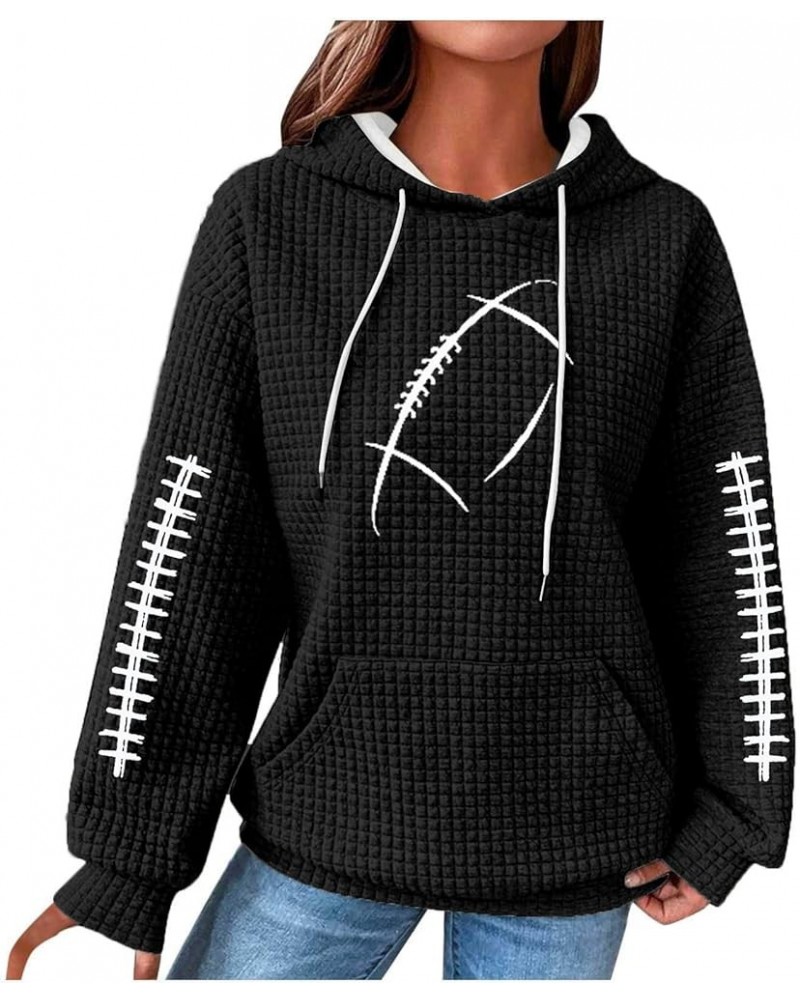 Game Day Hoodie for Women American Football Long Sleeve Waffle Knit Hoodies Graphic Sports Pullover Tops Loose Blouse C-black...