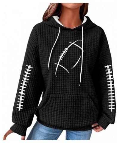 Game Day Hoodie for Women American Football Long Sleeve Waffle Knit Hoodies Graphic Sports Pullover Tops Loose Blouse C-black...