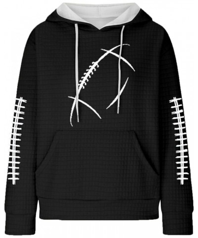 Game Day Hoodie for Women American Football Long Sleeve Waffle Knit Hoodies Graphic Sports Pullover Tops Loose Blouse C-black...