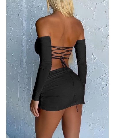 Women's Sexy 2 Piece Outfits Off Shoulder Corset Crop Top and Skirt Set Bodycon Mini Dresses Black $11.79 Suits