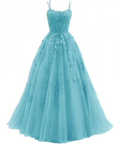 Tulle Prom Dress Lace Appliques Ball Gowns Straps Long Evening Dresses for Women Turquoise $43.70 Dresses