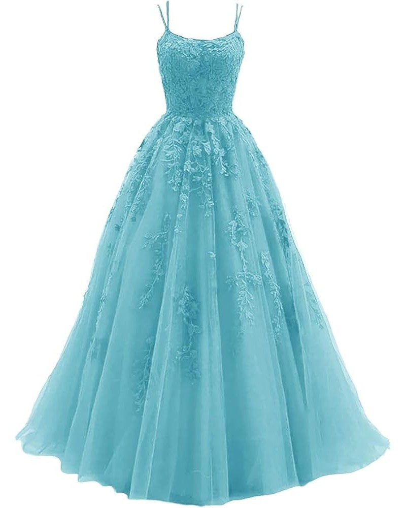 Tulle Prom Dress Lace Appliques Ball Gowns Straps Long Evening Dresses for Women Turquoise $43.70 Dresses