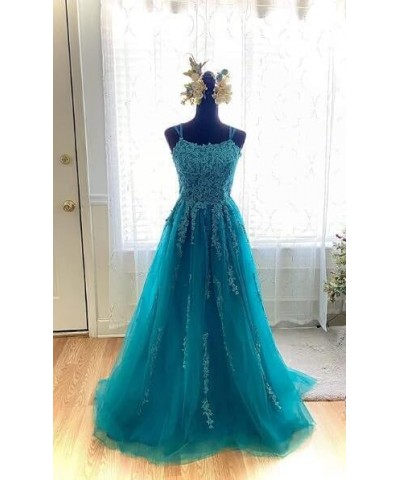 Tulle Prom Dress Lace Appliques Ball Gowns Straps Long Evening Dresses for Women Turquoise $43.70 Dresses