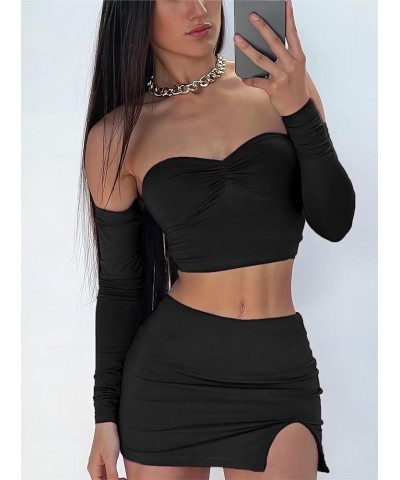 Women's Sexy 2 Piece Outfits Off Shoulder Corset Crop Top and Skirt Set Bodycon Mini Dresses Black $11.79 Suits