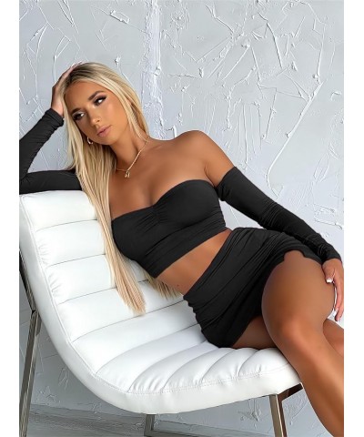 Women's Sexy 2 Piece Outfits Off Shoulder Corset Crop Top and Skirt Set Bodycon Mini Dresses Black $11.79 Suits