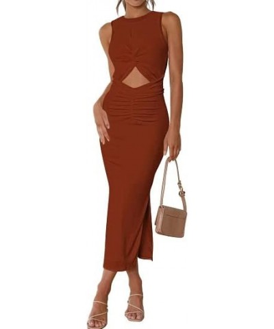 Women's Long Dress Sleeveless Crew Neck Twist Front Cutout Solid Color Slim Fit Tank Dress Party Outfit Coffee-125002 $12.17 ...