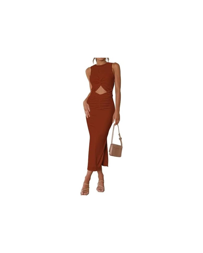 Women's Long Dress Sleeveless Crew Neck Twist Front Cutout Solid Color Slim Fit Tank Dress Party Outfit Coffee-125002 $12.17 ...