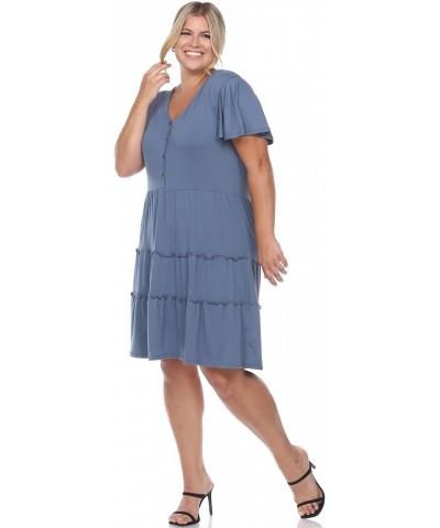 Women's Plus Size Short Sleeve V-Neck Tiered Dress Blue $17.85 Dresses