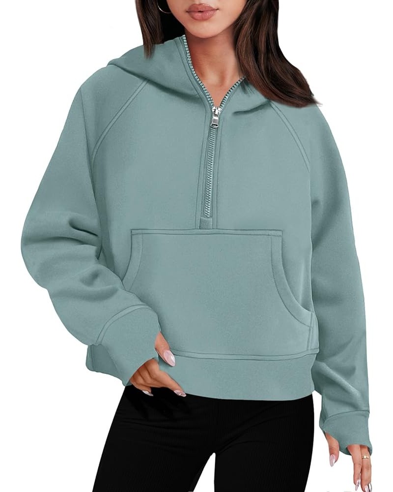 Women Half Zip Cropped Hoodies Fleece Quarter Zip Up Pullover Sweatshirts Winter Clothes 2023 Outfits Sweater Cyan $22.79 Hoo...