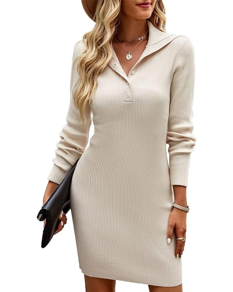 Women Bodycon Dress Plain V Neck Elasticity Slim Dress Long Sleeve Casual Stretchy Short Sweater Dress Apricot $14.86 Dresses