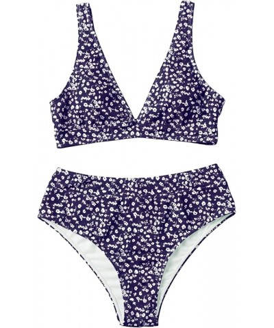 Women's High Waist Bikini Swimsuit Floral Print V Neck Bathing Suit Blue White Floral $17.04 Swimsuits