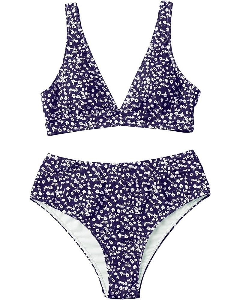 Women's High Waist Bikini Swimsuit Floral Print V Neck Bathing Suit Blue White Floral $17.04 Swimsuits