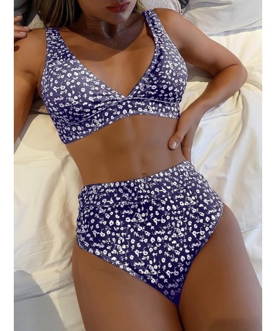 Women's High Waist Bikini Swimsuit Floral Print V Neck Bathing Suit Blue White Floral $17.04 Swimsuits